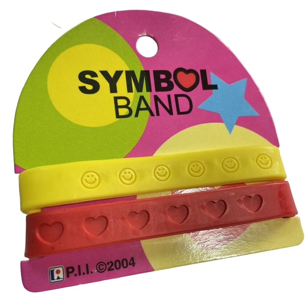 Lot 2 Silicone Wristband Bracelets FUN Symbols Red and Yellow u
